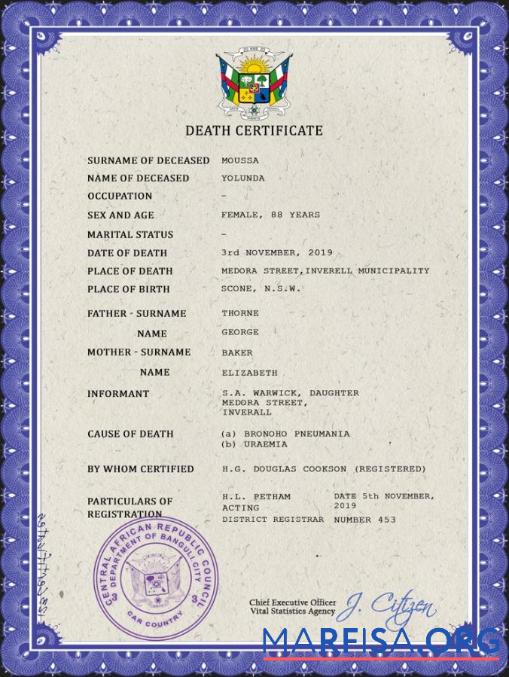 Printable Central African Republic death certificate PSD template